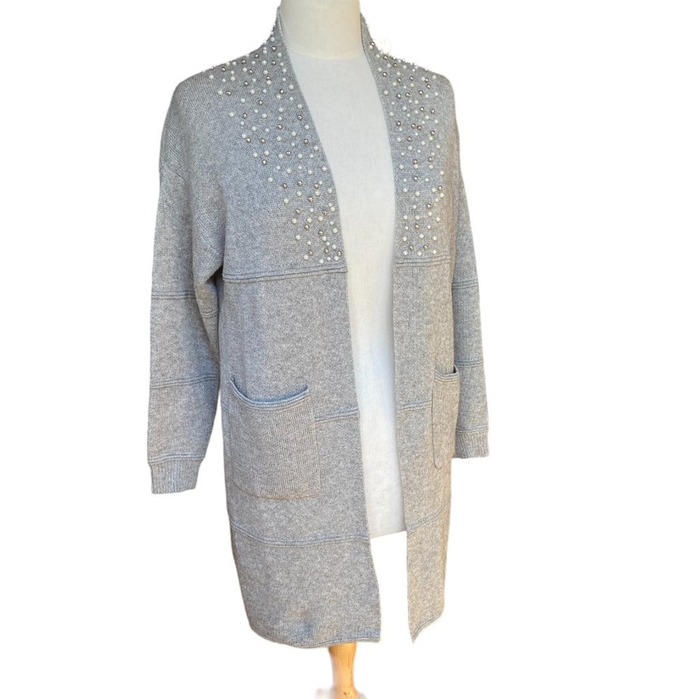 GIzel Pearl Embellished Silver Beaded Cardigan Coquette Pockets Long-S
